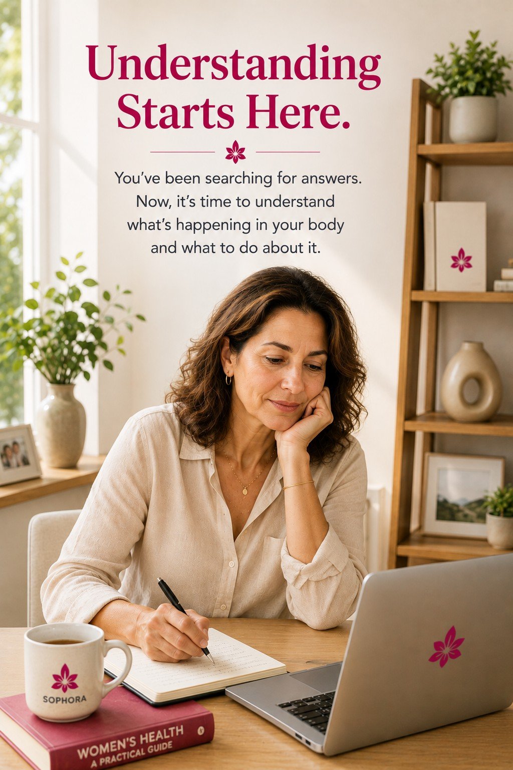 Woman organising menopause health information before a medical appointment.
