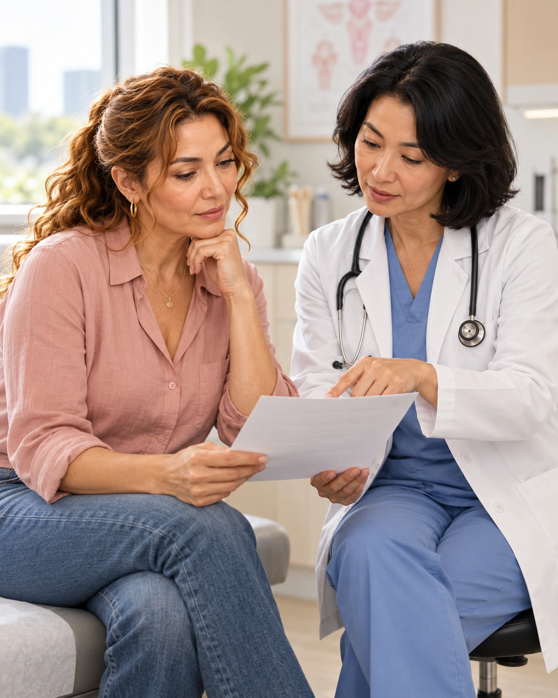 Woman in her early forties having a prepared healthcare conversation with a clinician.