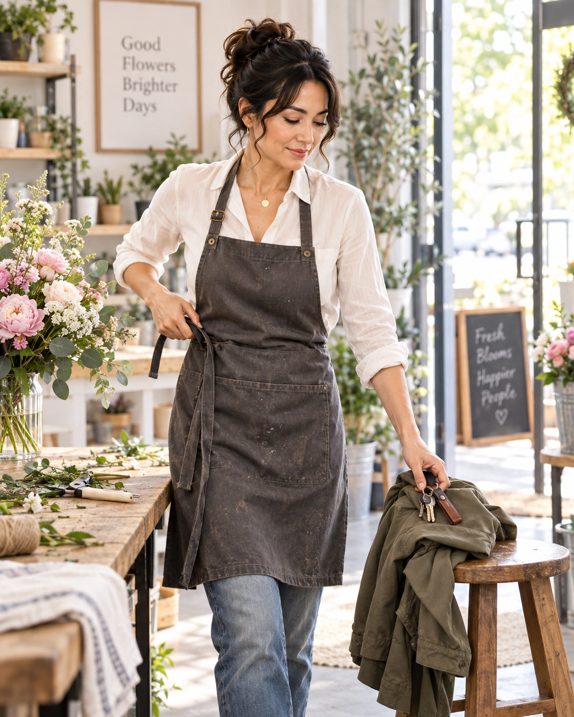 Woman in her early forties looking composed and reassured in everyday life.