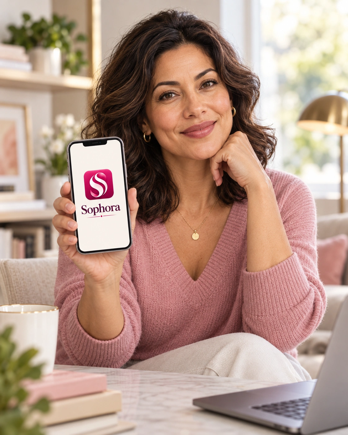 Woman in her early forties holding a phone displaying Sophora.