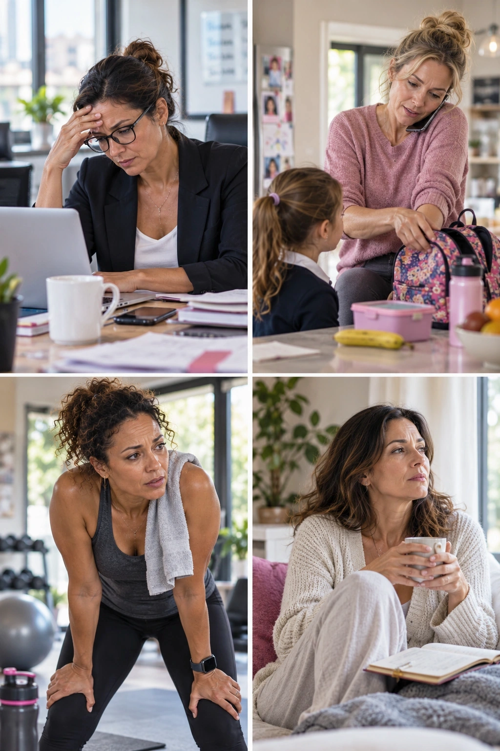 Women in their early forties balancing work, home life and personal responsibilities during perimenopause.