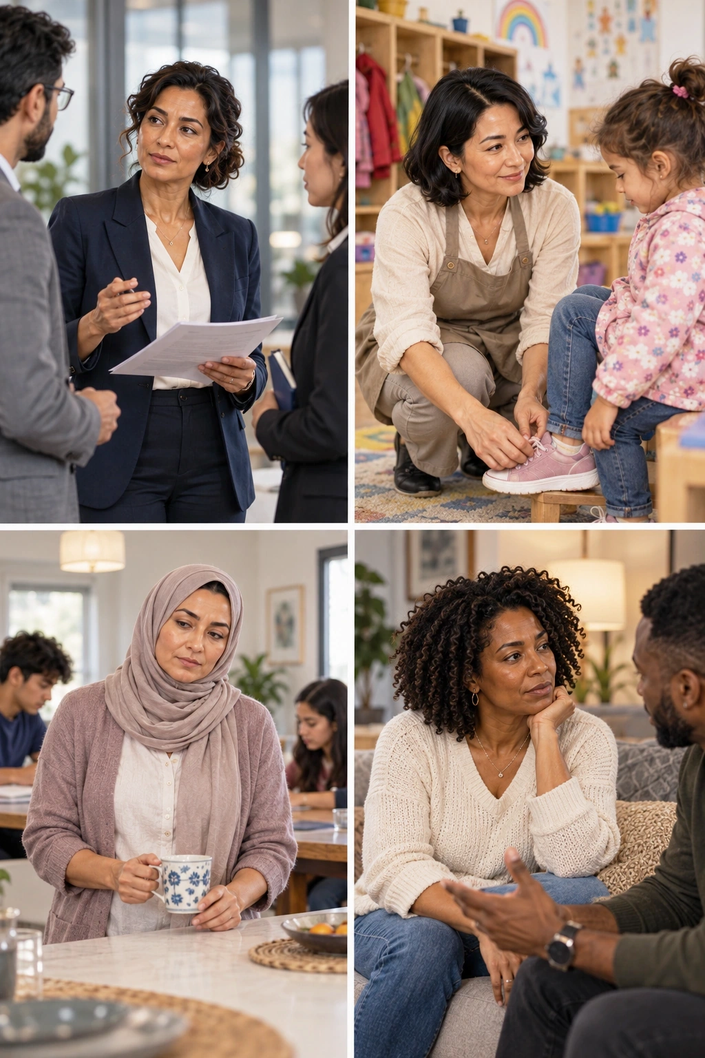 Women in their early forties interacting with partners, family and colleagues in everyday life.