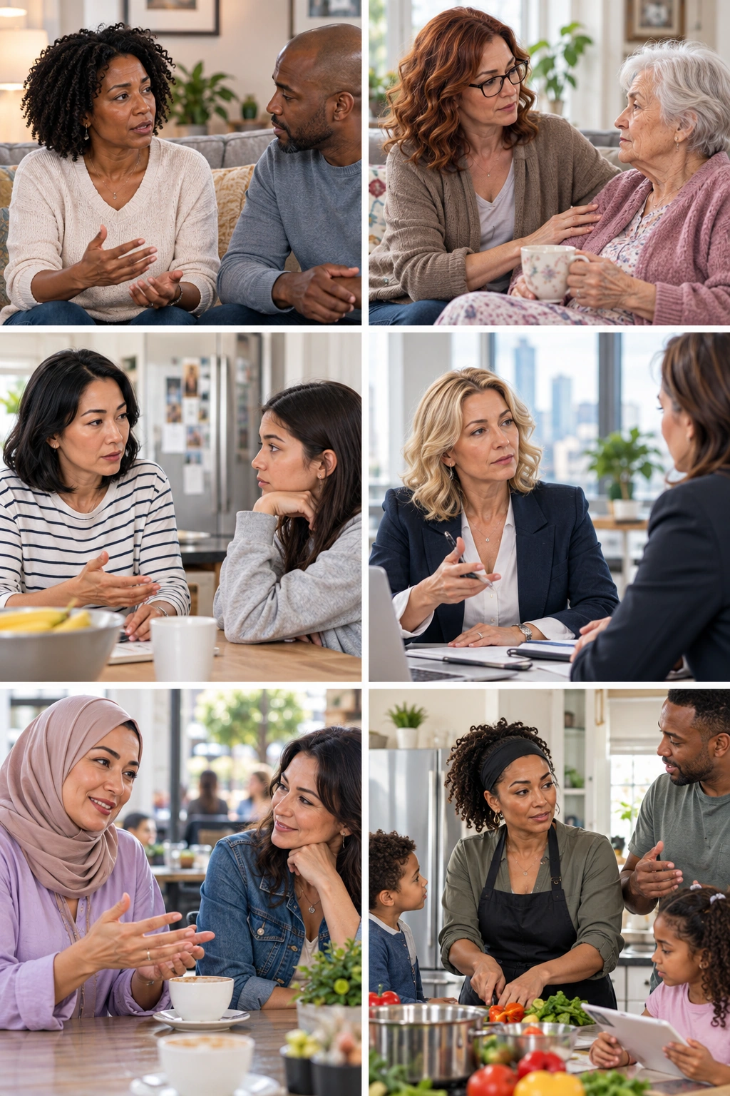 Women in their early forties interacting with partners, family members and colleagues in everyday life.