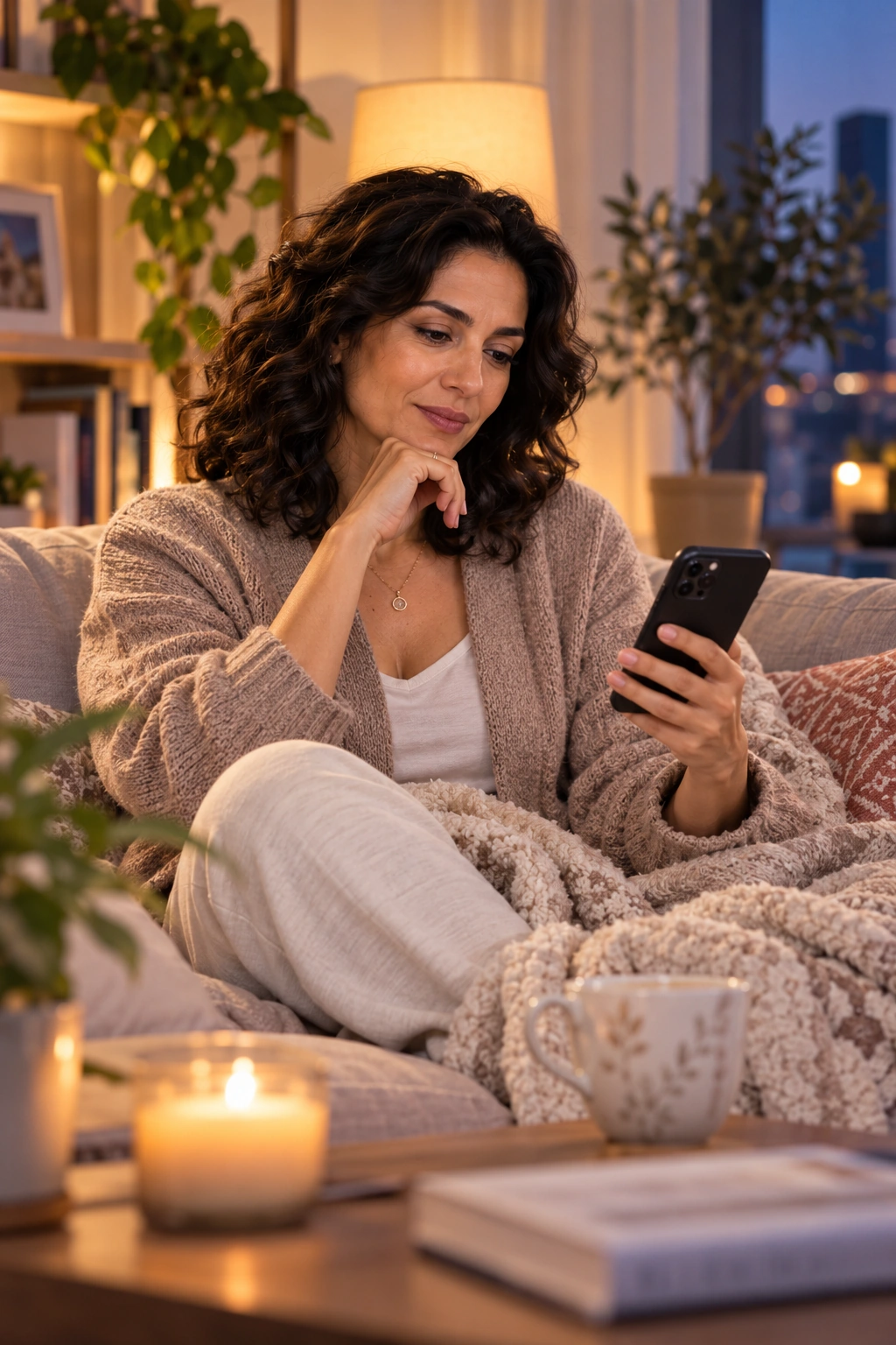A woman in her early forties using her phone privately at home during an evening.