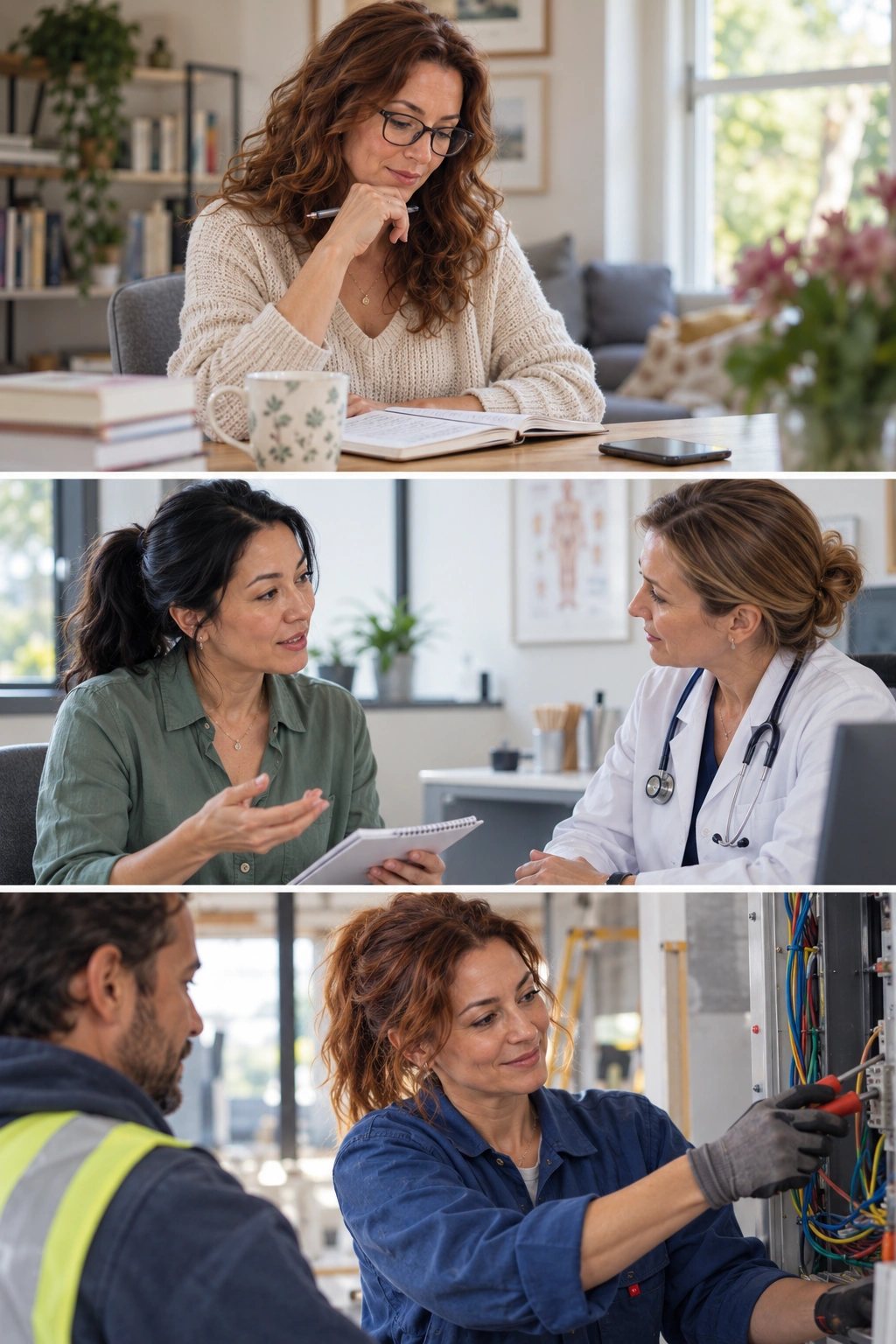 Women in their early forties preparing for and having healthcare conversations with a clinician.