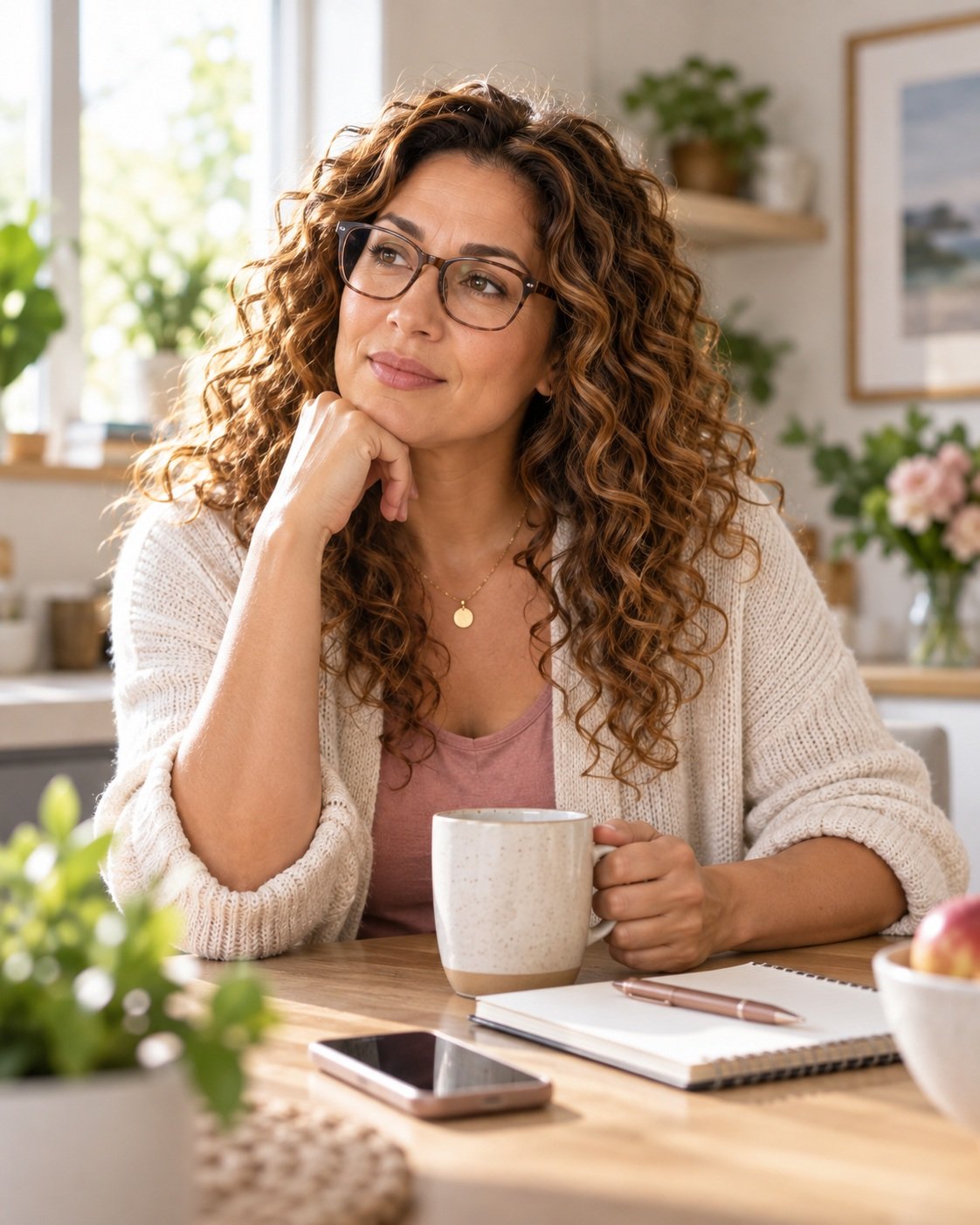 Woman in midlife sitting at home while thinking about changes in periods and fertility