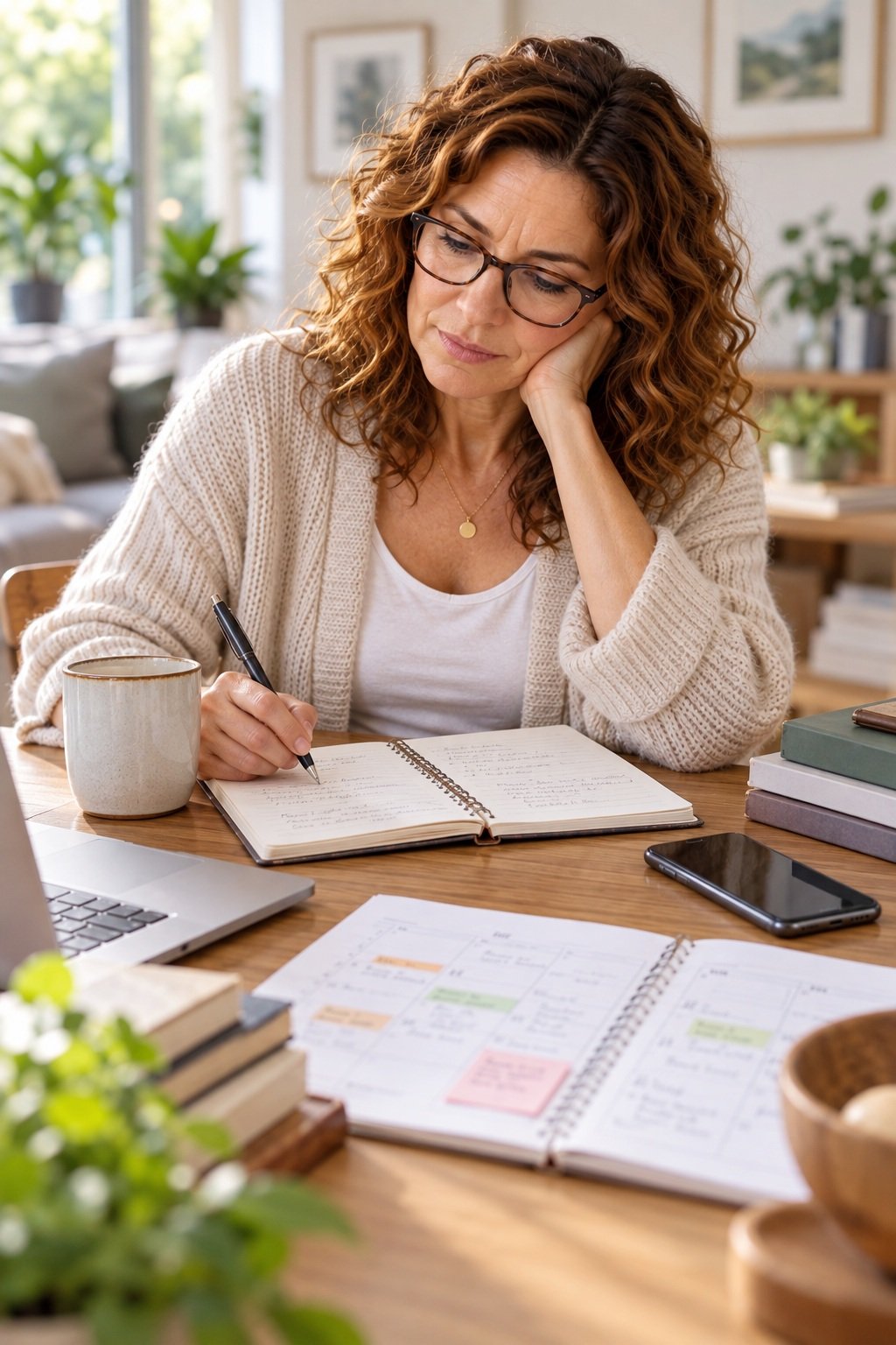Woman reviewing notes and dates while trying to understand irregular periods during perimenopause