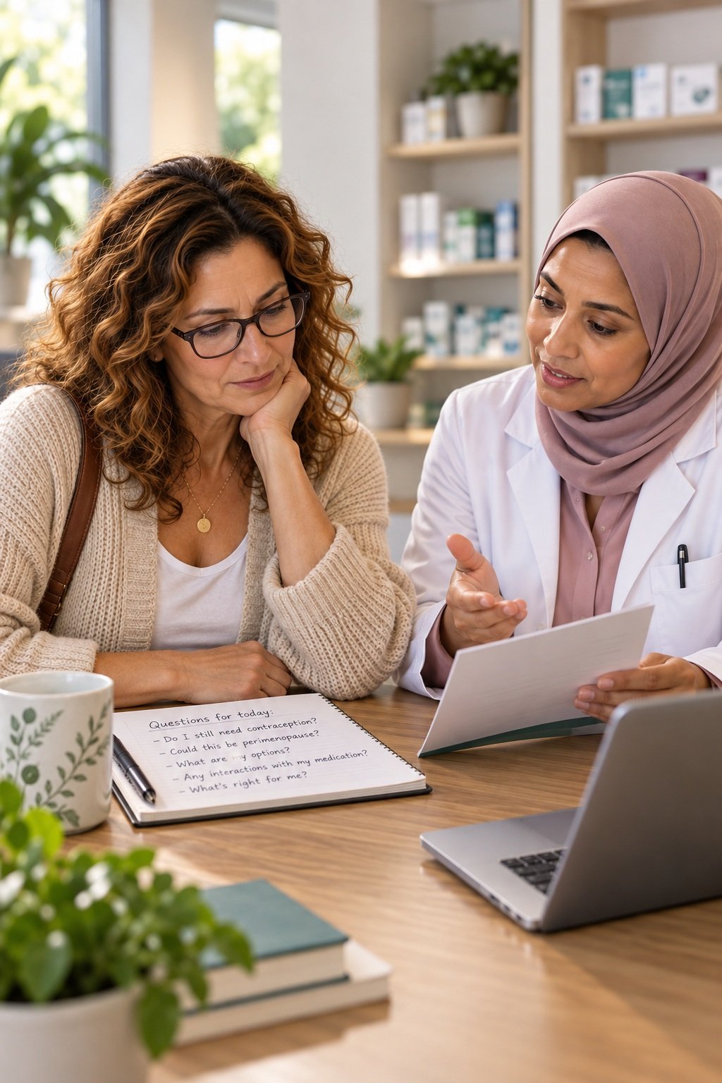 Woman discussing menopause, contraception and medication questions with a pharmacist