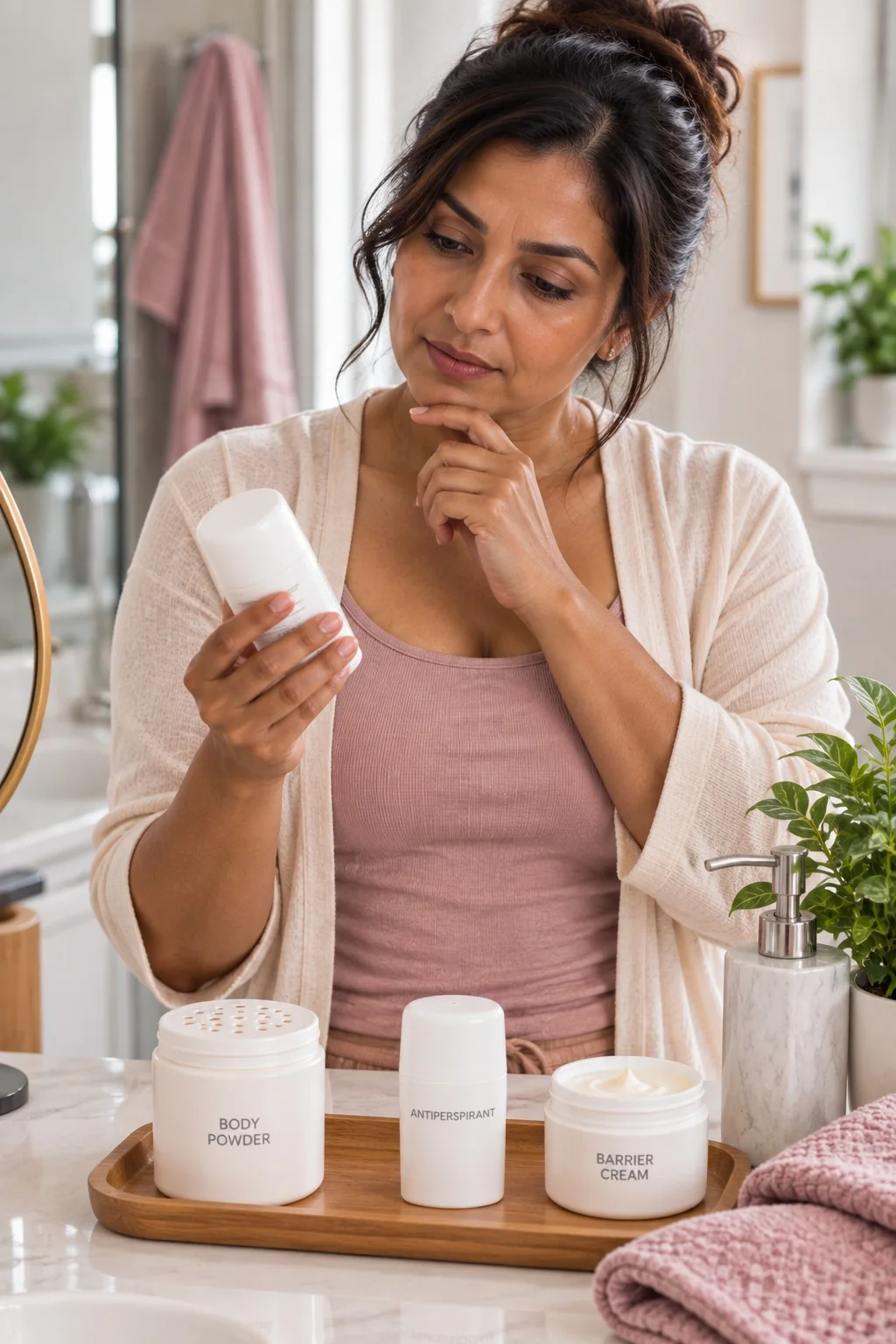 What to Put Under Breasts for Sweating 2 Woman comparing powder, antiperspirant and barrier cream for breast perspiration