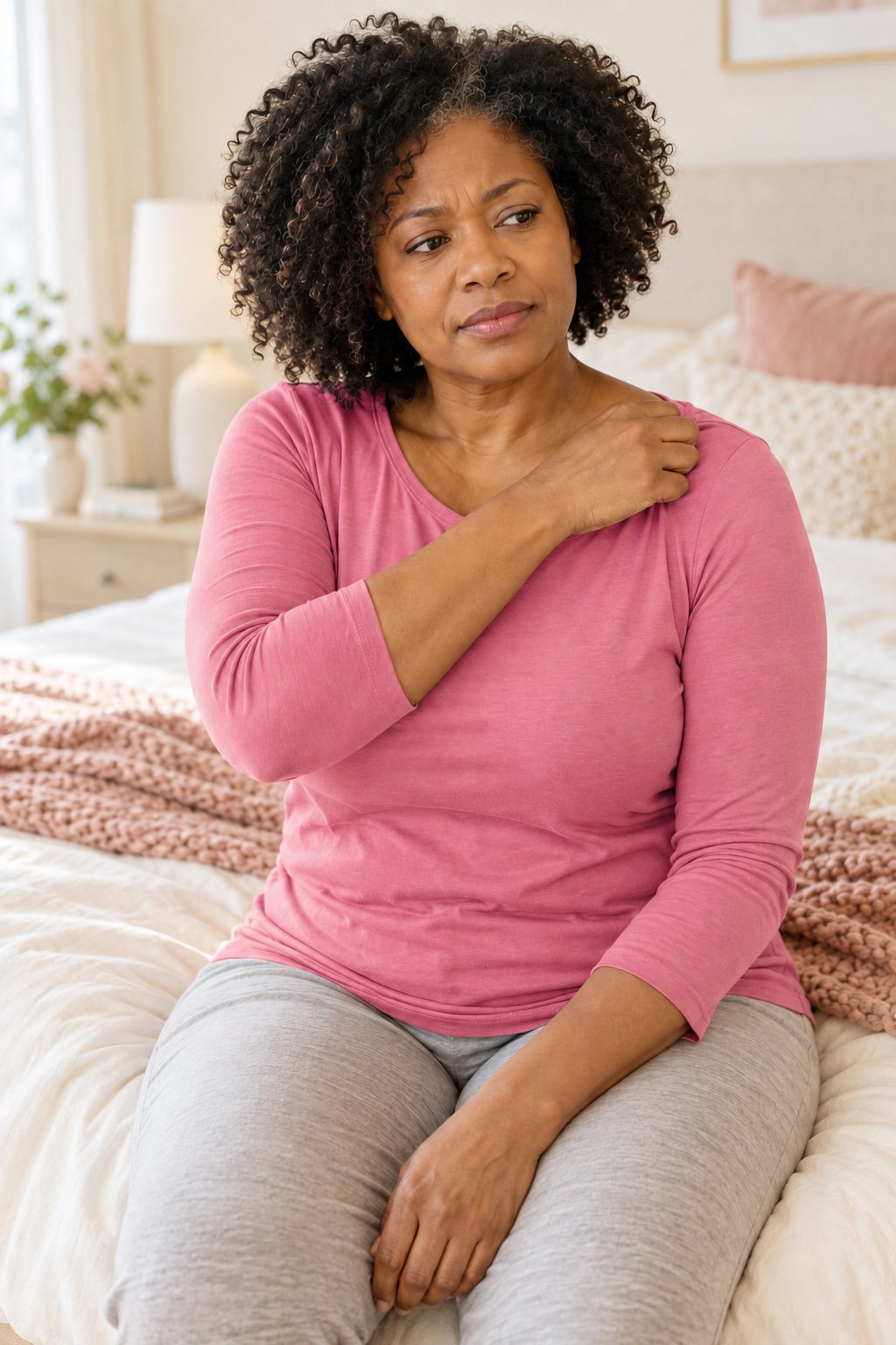 Black woman in a soft pink top gently checking her shoulder strap at home