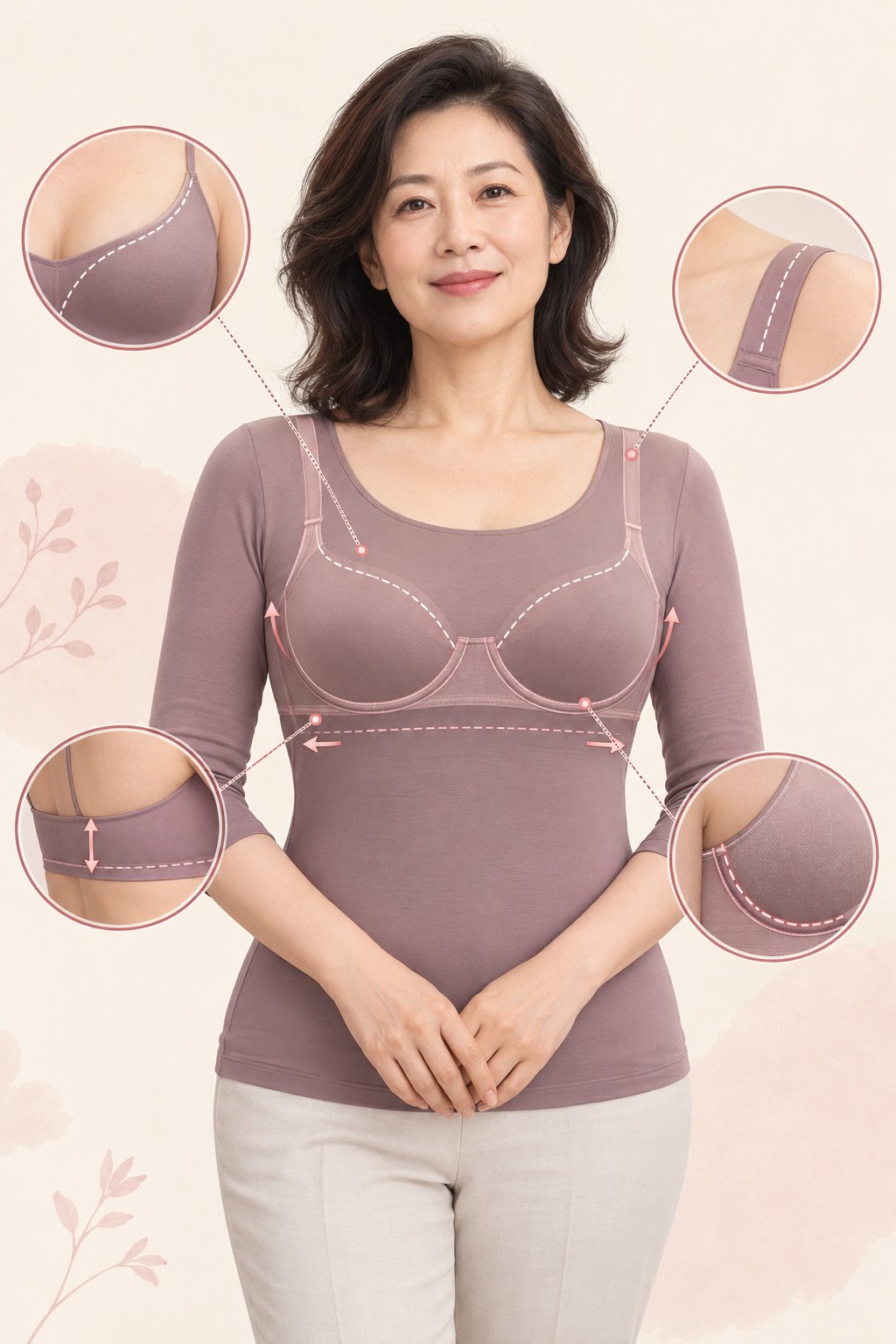 East Asian woman in a mauve top with visual markers showing bra fit points