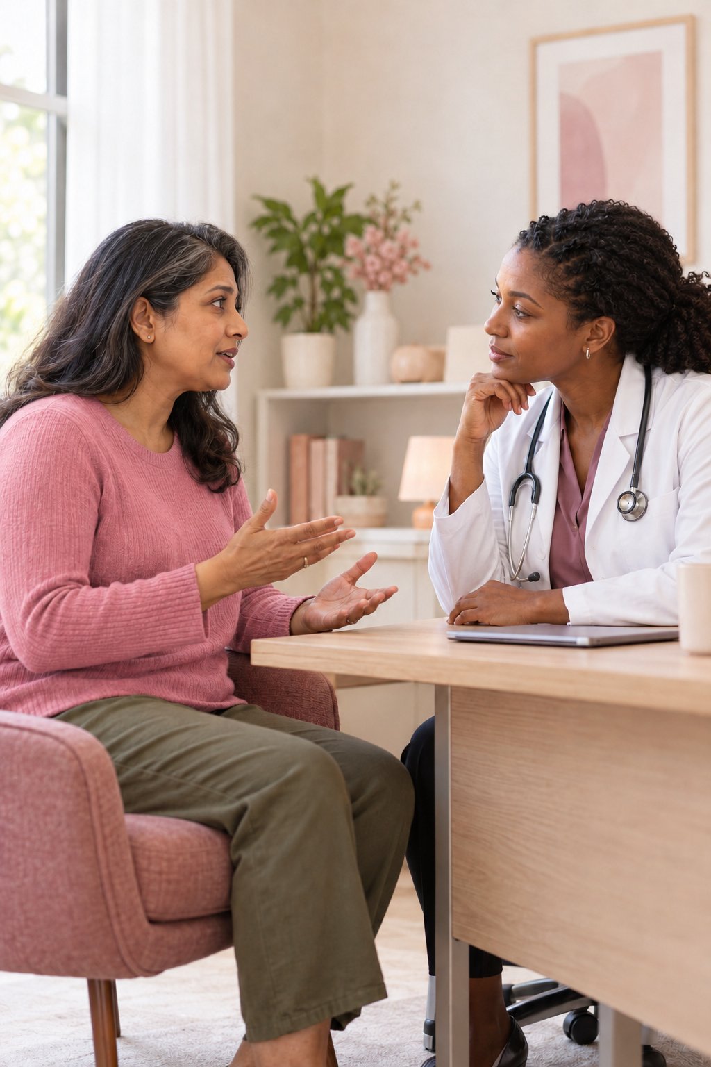 South Asian woman discussing a concern with a Black female doctor