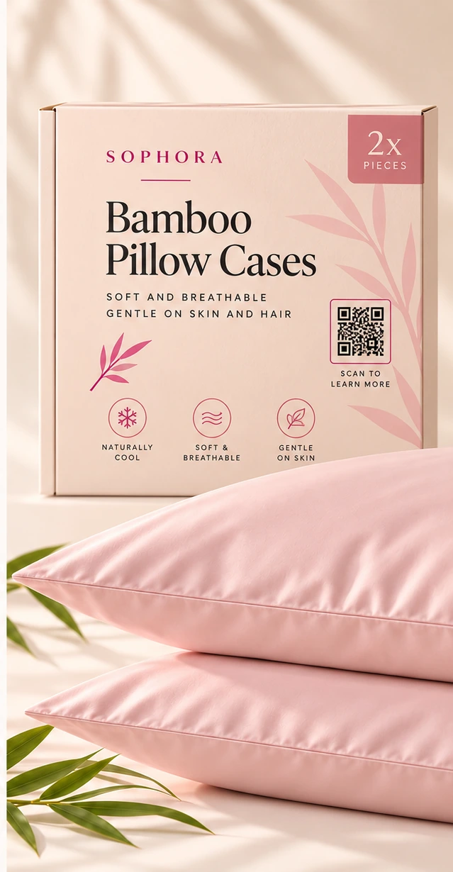 Bamboo Sheets 3 Sophora Bamboo Pillowcases in cream and light Sophora Pink packaging