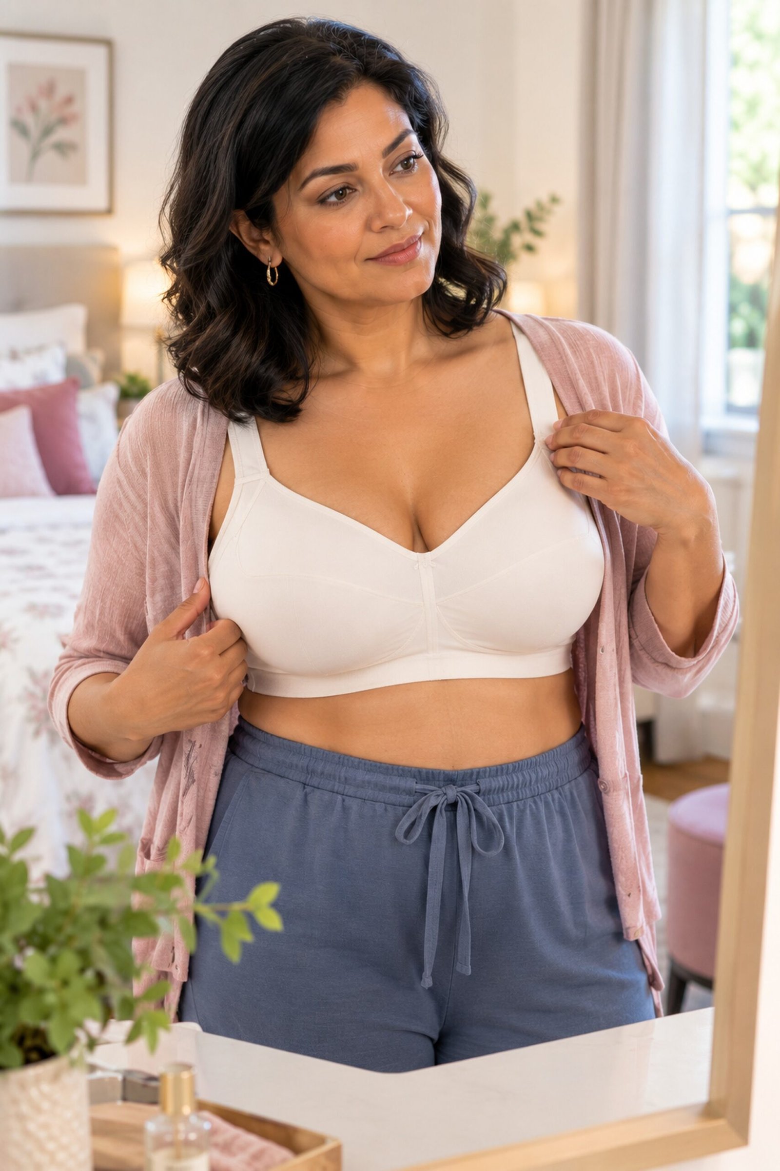 Heavy Breast During Menopause 3 A midlife woman compares the fit of her clothing and bra after noticing that her breasts feel heavier than before.