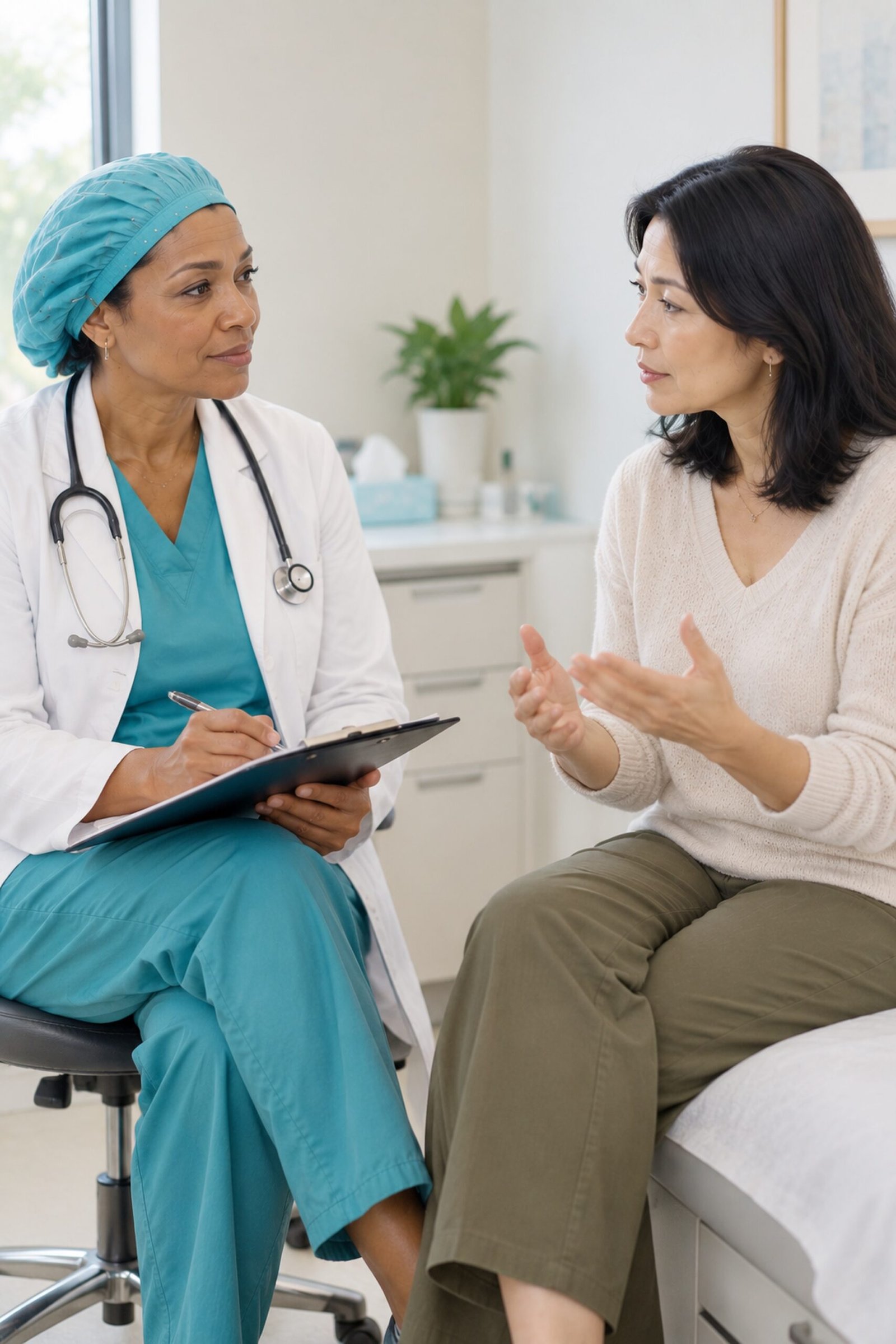 Heavy Breast During Menopause 5 A woman discusses a breast change with a doctor in a calm clinical consultation, prepared with specific questions.