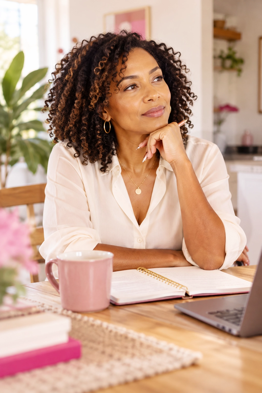 Hormones 1 A woman in her 40s sitting at home with her phone, reflecting on her health and wellbeing
