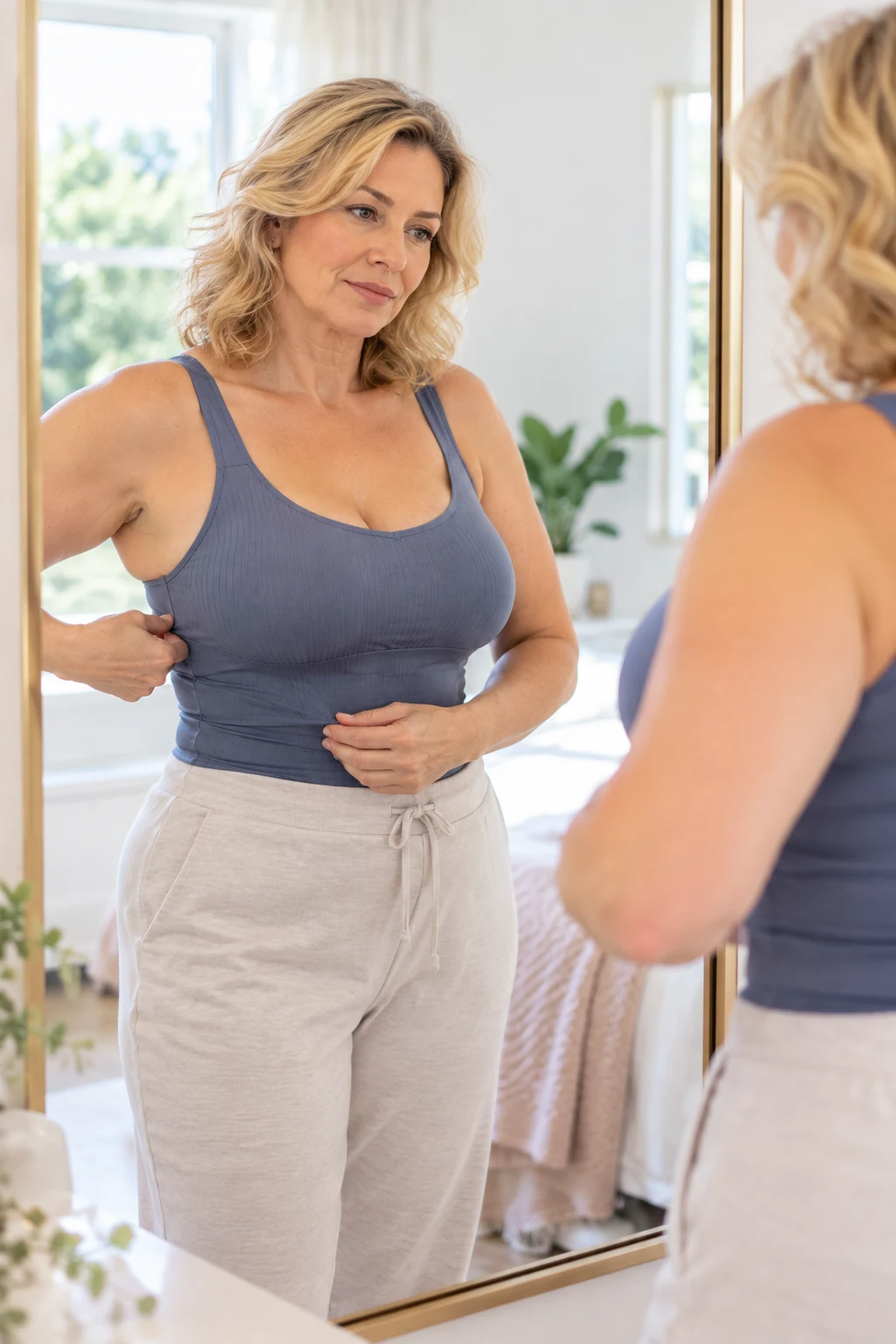 Can You Lift Sagging Breasts Without Surgery 2 A White woman checks the band and overall support of a fully clothed bra and top combination in a bright bedroom mirror.