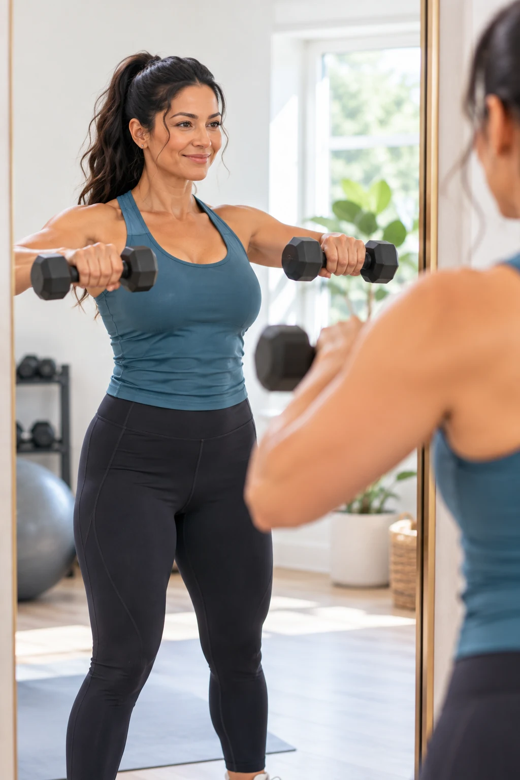 Can You Lift Sagging Breasts Without Surgery 3 A woman performs a controlled upper-body exercise with dumbbells in a bright home gym, fully clothed and focused on chest and posture.