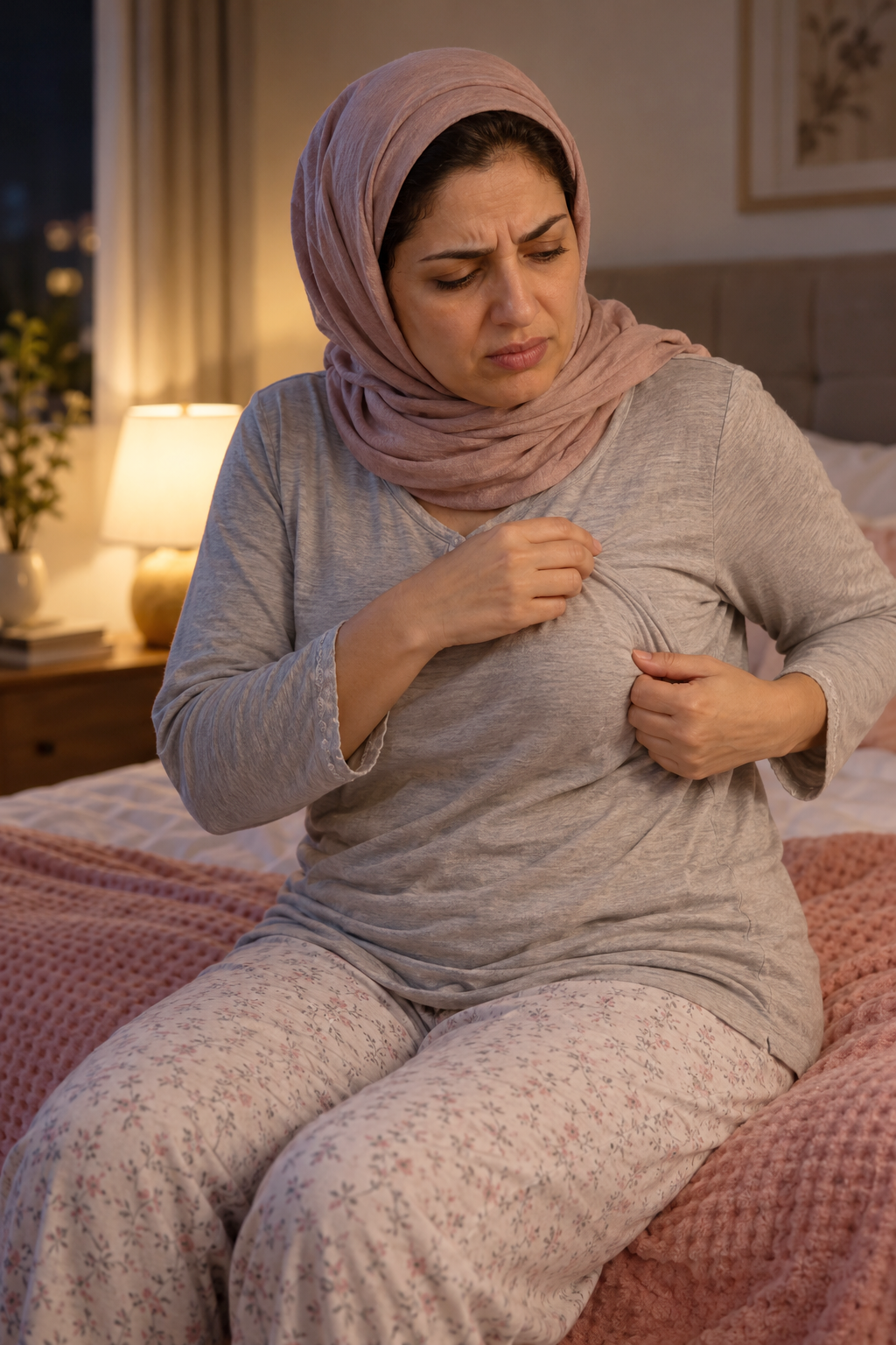 Arab woman in her 40s adjusting her sleep top because pressure over her breast is uncomfortable