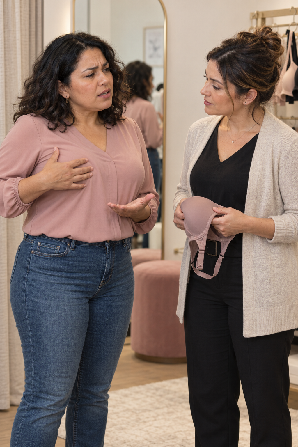Latina woman in her 40s explaining breast discomfort to a bra-fitting specialist