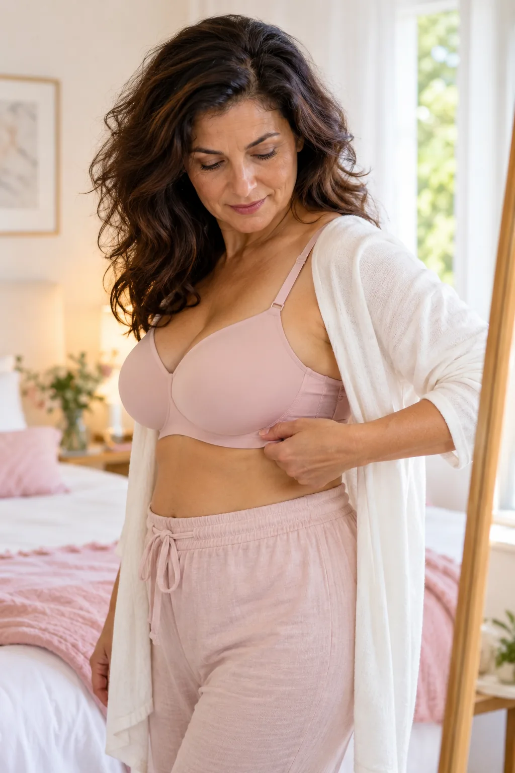 Woman in her late forties in a softly lit bedroom looking at how her bra fits, fully clothed, during a midlife breast-size change