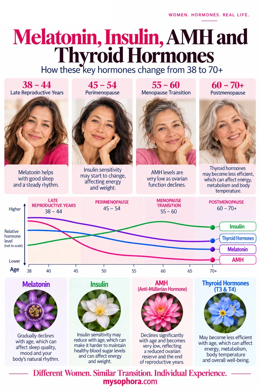 Hormones 4 Sophora infographic explaining melatonin, thyroid hormones, insulin and AMH and their roles in sleep, metabolism and ovarian function.