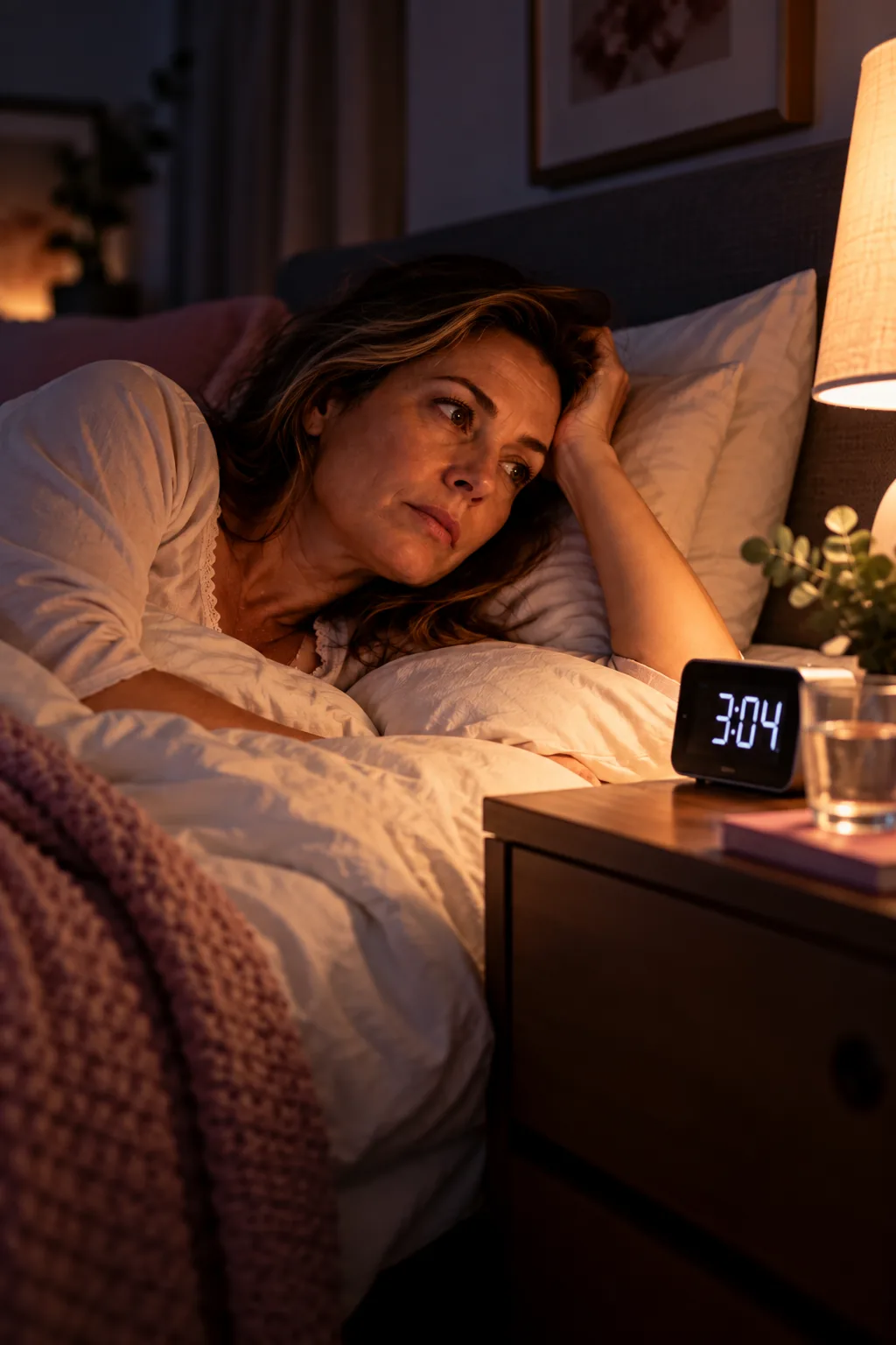 Perimenopause Insomnia 1 Woman awake at 3am during perimenopause, looking toward the bedside clock
