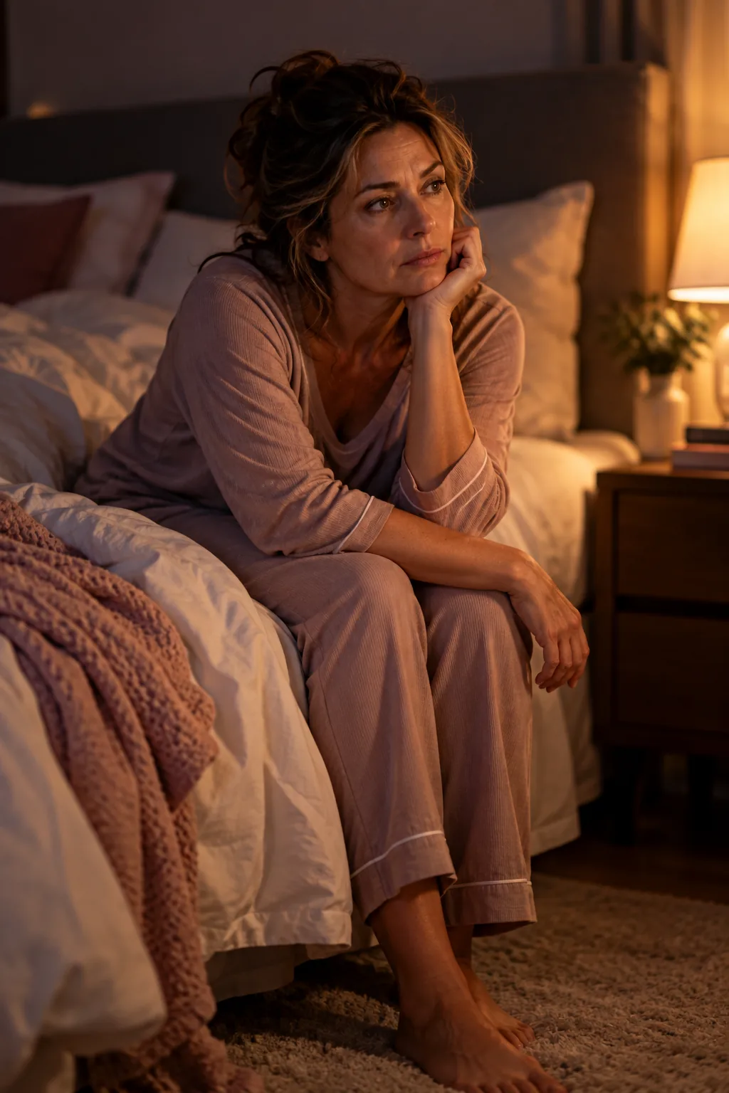Perimenopause Insomnia 2 Black woman sitting on the edge of a bed after waking during the night