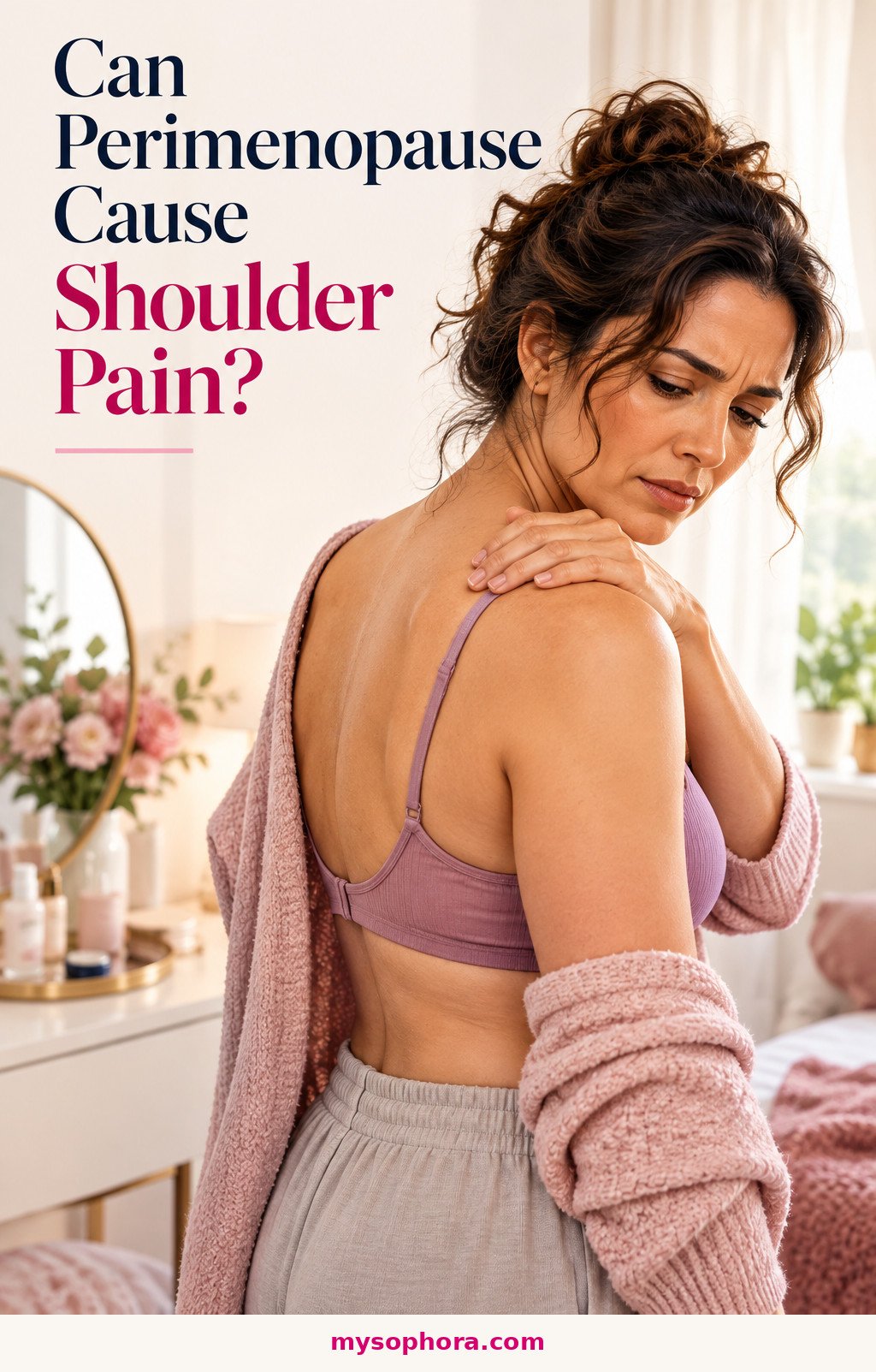 Can Perimenopause Cause Shoulder Pain 1 A woman noticing shoulder discomfort while reaching at home