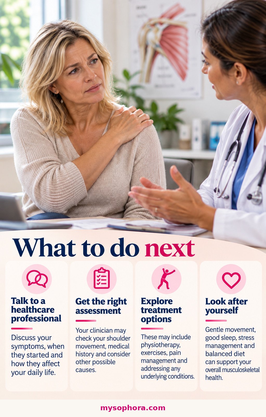 Can Perimenopause Cause Shoulder Pain 3 A woman talking with a healthcare professional about shoulder pain